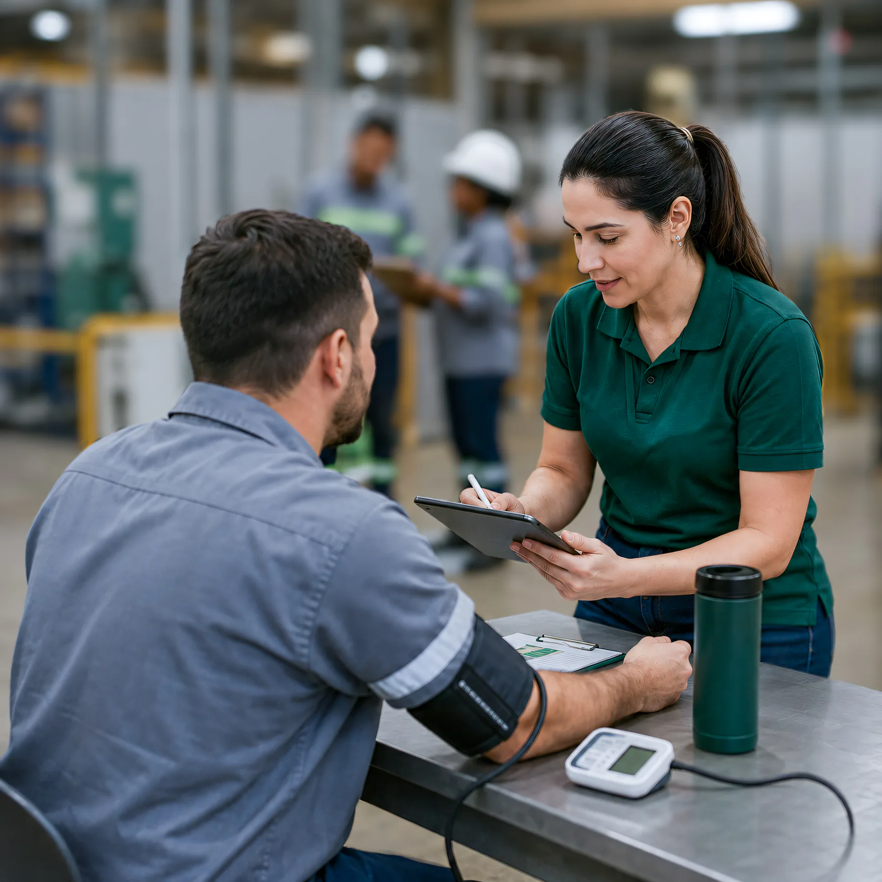 Profissional realizando atendimento de saúde ocupacional em uma empresa
